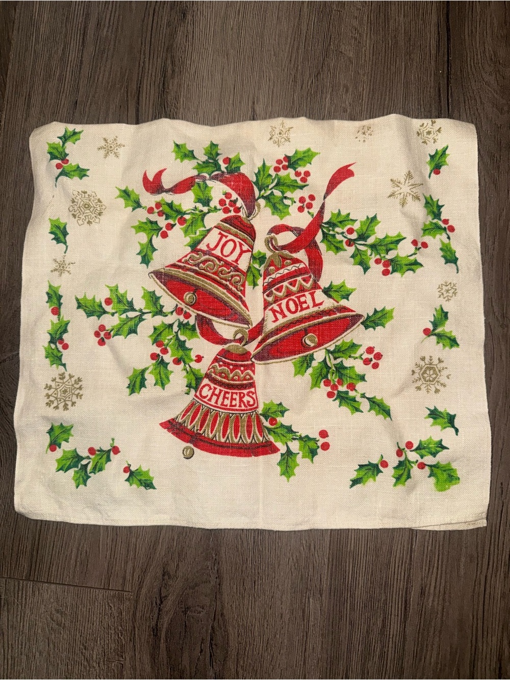 VTG Christmas Dish Tea Towel 100% Linen Cloth Red Ornaments Cottagecore 16x28"
